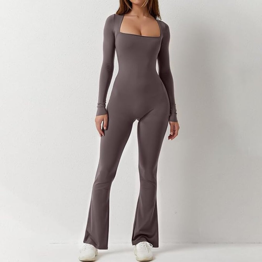QINSEN Women's Brown Taupe Long Sleeve Square Neck One-Piece Jumpsuit Size L